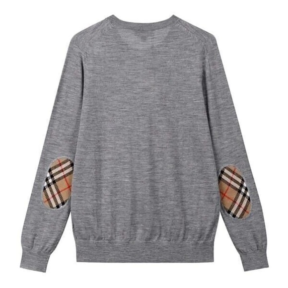 BURBERRY BEMPTON GRAY MERINO WOOL ELBOW CHECK PATCHES PULLOVER SWEATER XL - Picture 1 of 6
